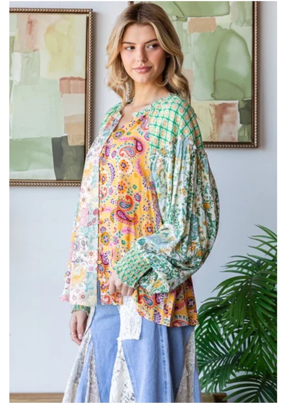 New: Oli & Hali Mixed Patchwork Button Front Long Balloon Sleeve Boho Blouse• XL - Picture 3 of 6